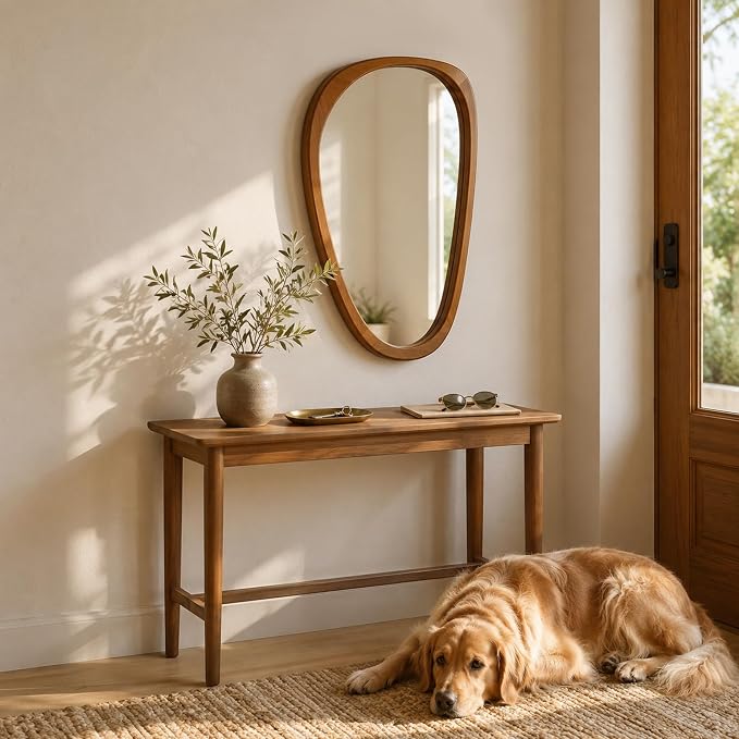 Solid Wood 30"x20" Irregular Asymmetrical Mirror, Japandi Boho Organic Shaped Decorative Accent Mirror, Small Natural Honey Walnut Wooden Wall-Mounted Mirror, Warm Walnut