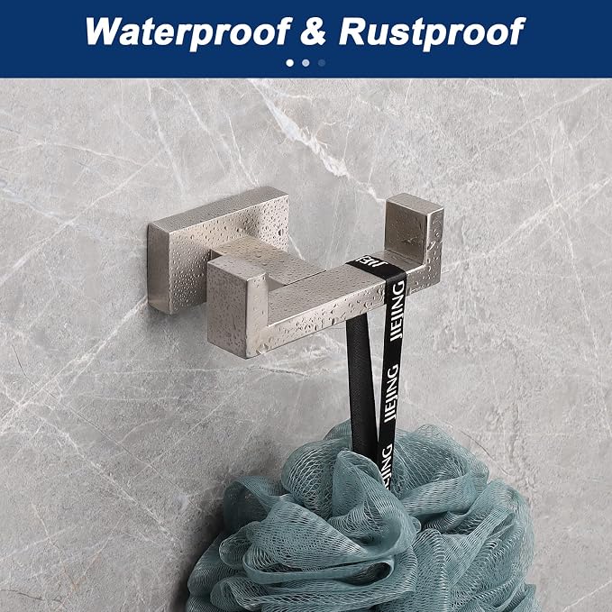 NearMoon Bath Double Towel Hook- SUS304 Stainless Steel Square Robe Towel Holder, Heavy Duty Rustproof Double Coat Hook for Bathroom Livingroom Kitchen Wall Mounted, 2 Pack (Brushed Nickel)