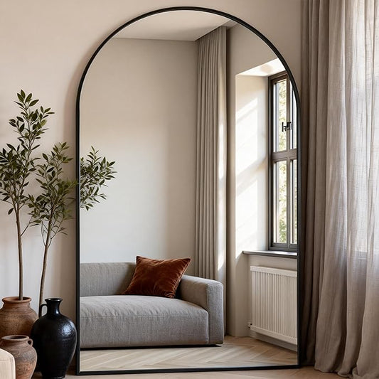 Dewfig Arched Full Length Mirror, 90"x46" Large Floor Mirror with Stand, Oversized Full Body Mirrors for Leaning or Hanging, Wall Mounted Mirrors for Bedroom, Living Room,Dressing Room, Black