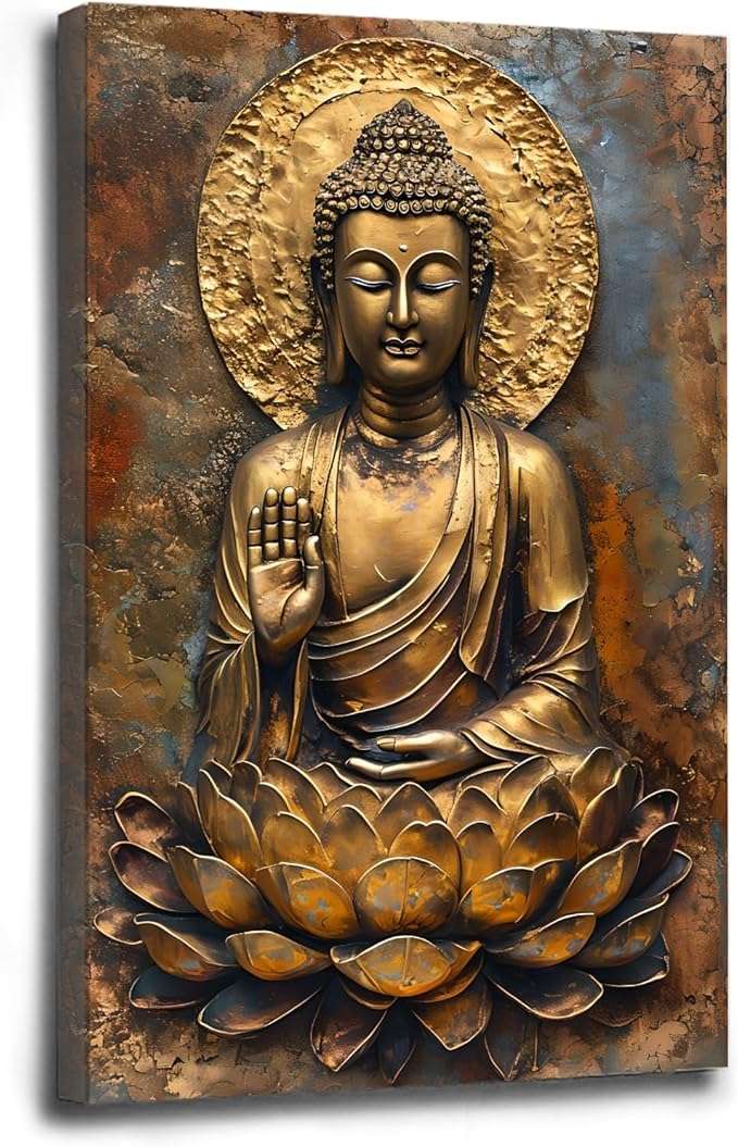 Buddha Wall Art Golden Buddha in Lotus Seat Serene spiritual statue radiant aura Meditation and mindfulness wall art suitable for sacred spaces 20x30in Wood Framed