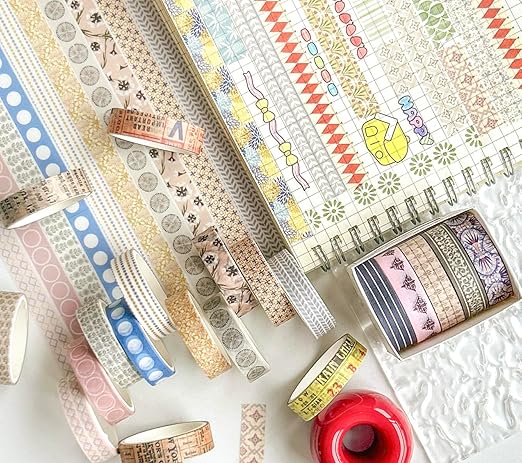 YUBBAEX 40 Rolls Basic Washi Tape Set Cute Printed Patterns Masking Skinny Creative Decorative Tapes for Arts, DIY Crafts, Journals, Planners, Scrapbook, Wrapping (Decorism 1)