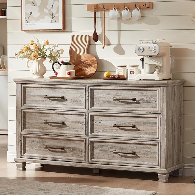 Farmhouse 6 Drawer Dresser for Bedroom, 54 inch Wide Large Vintage Chest of Drawers with Square Solid Wood Legs, Rustic TV Stand for Living Room, Wooden Storage Dressers for Hallway, Grey