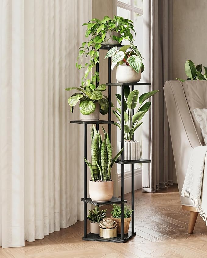 GENTINGBRO Corner Plant Stand Indoor 6 Tiered Plant Shelf for Multiple Plants Tall Plant Stand Shelf Wood Plant Stands Metal Shelving for Living Room Bedroom Balcony Black