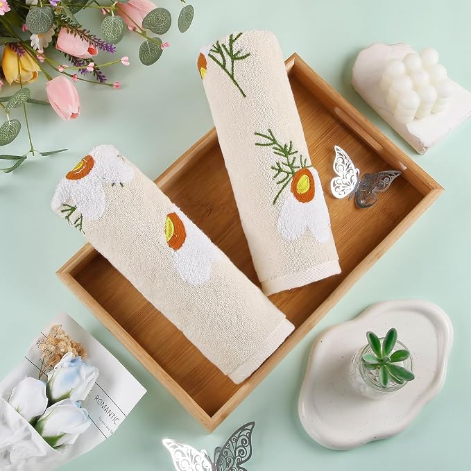 Quera 2 Pack Hand Towels Spring Summer Beige Embroidered Flower Daisy Farmhouse Boho Cotton Bathroom Decorative Towels Set for Bath Kitchen Home Decor Gifts, 13.7'' x 29.5''