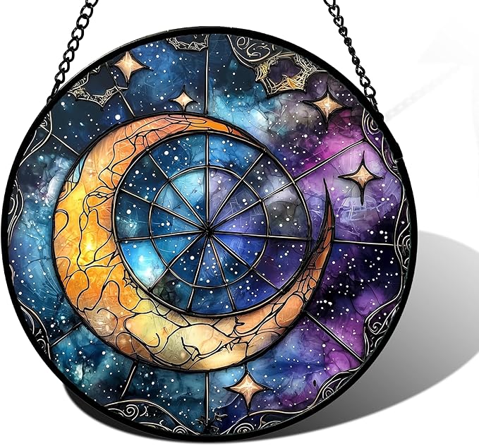 Stained Glass Window Hanging, Blue Starry Sky Moon Astrolabe Suncatcher for Doors Home Sun Catchers Decoration and Christmas, Mother's Day Birthday Gifts for Women, Men, and Mom 7.8 in