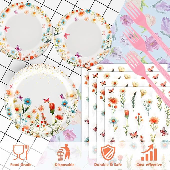 96 PCS Spring Wildflower Party Tableware Supplies, Disposable Floral Paper Plates Napkins Set for Picnic Baby Shower Birthday Wedding Thanksgiving Christmas Tea Party Decor Suppies, 24 Guests