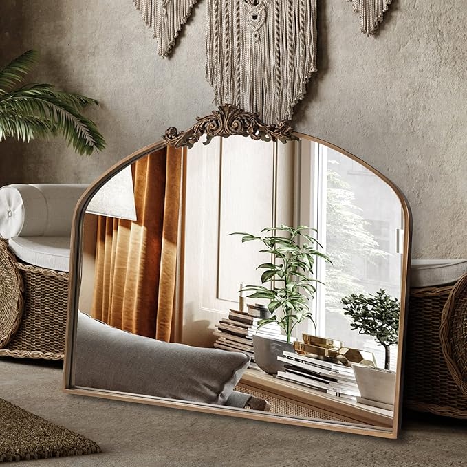OUSHUAI Gold Arched Mirror,Baroque Brass Fireplace Mirror Decor, Victorian Vintage Mirrors with Full Matel Frame,Ornate Mirrors for Entryway/Bathroom/Living Room/Hallway 36"X30"