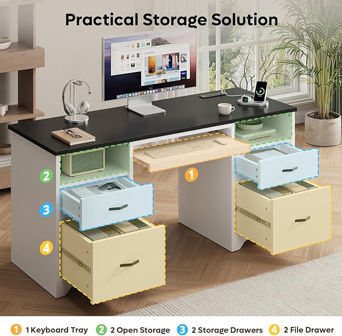 Bestier 59” Computer Desk with 4 Drawers, Office Desk with Storage, Modern Executive Desk with Charging Station, Keyboard Tray & Wooden Pedestals on Both Sides for Home Office & Studio, White