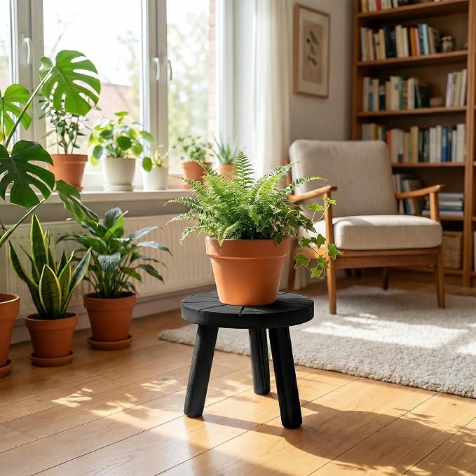 Delma Wood Plant Stands Indoor, 3-Pack Single Plant Stand for 7-10 Inch Pots, Mid-Century Modern Plant Stool, Tall Plant Stand for Large Plants for Living Room, Balcony, Office (Black, 3-Pack)