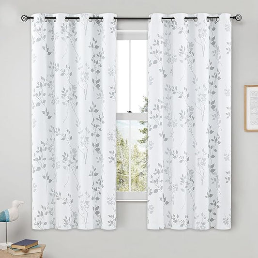 Beauoop Floral 100% Blackout Curtains 54 Inch Length 2 Panels for Bedroom Living Room Grey White Flower Patterned Room Darkening Thermal Insulated Soundproof Grommet Window Treatments Drapes, 52X54
