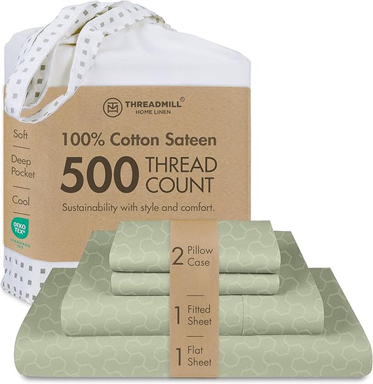 Threadmill 500 Thread Count Queen Size 4 Pc Luxury Cotton Bedding Set, Jacquard Floria Sage Green, Silky Smooth Sheets with 16" Elasticized Deep Pocket, 2 Pillowcases & Free Tote Bag