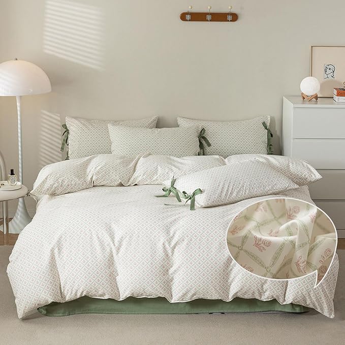 VM VOUGEMARKET Red Flower Duvet Cover Set Queen Green Grid Duvet Cover with 2 Bow Ties Pillowcases 100% Cotton Vintage Country Style Girls Comforter Cover with Zipper Closure