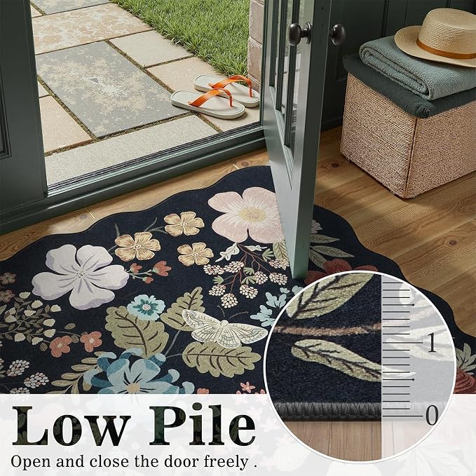 DCX Black Floral Rug 2x6, Washable Black Rug for Living Room, Kid & Pet Friendly with Rubber Back Non Slip, Soft Low Pile Carpet, Stain Resistant Rug for Bedroom, Nursery, Dining Room