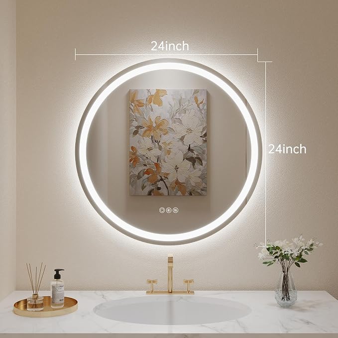 LOVESPEJO 24" Round LED Bathroom Mirror with Lights, Circle LED Mirror for Bathroom, Fogless, Dimmable, 3 Color Changing, IP54, Shatterproof
