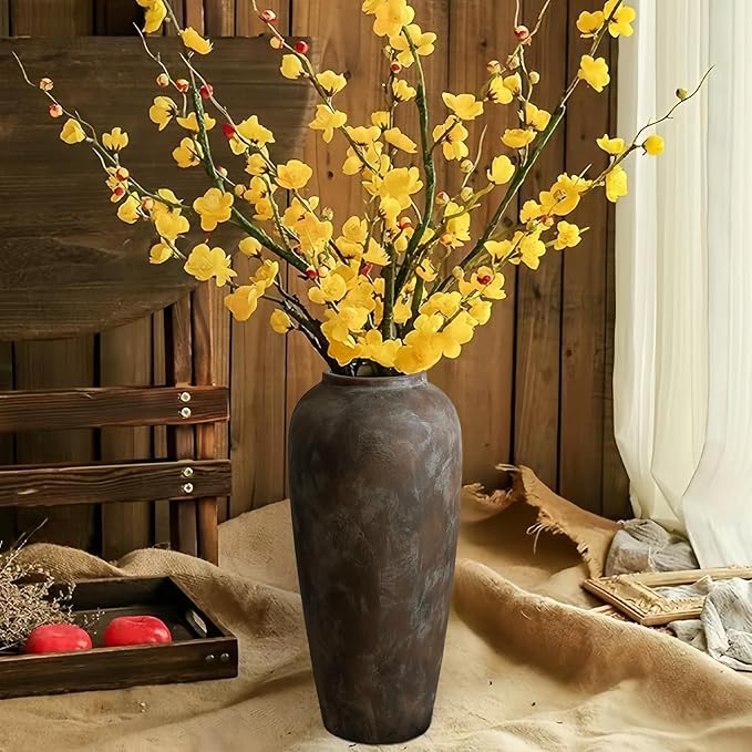 15 Inch Vintage Farmhouse Decor Ceramic Rustic Vase, Handmade Brown Flower Vases for Centerpieces, Living Room & Kitchen Shelf Decorative Pottery Vase for Home Decor