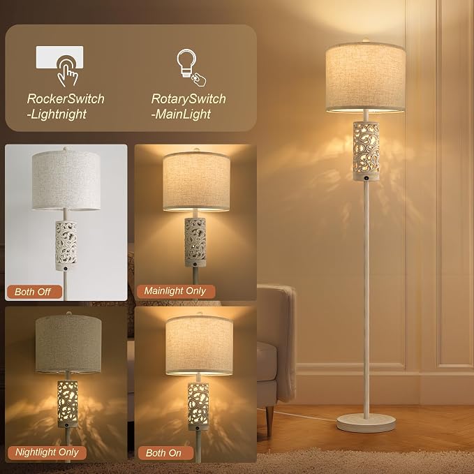 OYEARS 65“ Farmhouse Floor Lamp for Living Room, Rustic Floor Lamp with Main&Night Light,Linen Shade&Dual Switches, Standing Lamp for Bedroom Office Corner Dining Room, Wood Pole Lamp