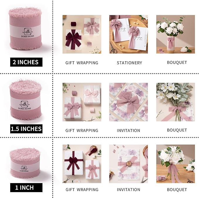DORIS HOME Mauve Chiffon Ribbon for Flower Bouquet, 1" x21Yd Fabric Ribbon for Gift Wrapping, Handmade Frayed Ribbon for Wedding Invitations/Christmas Decorations