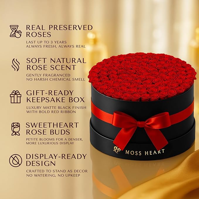 100 Preserved Roses, Forever Flowers for Delivery in Designer Round-Shaped Box, Petite Long-Lasting Buds for Women, Eternal Rose Bouquet for Mothers Day, Girlfriend's Birthday