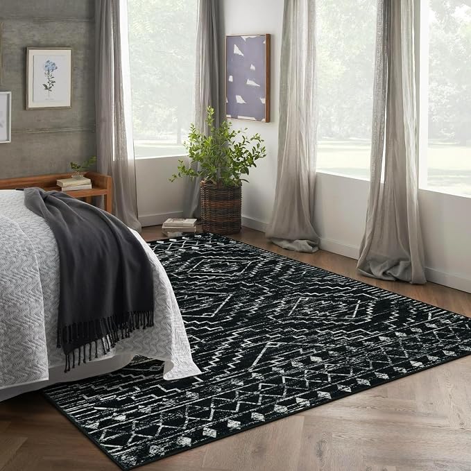 Wonnitar Moroccan 6x9 Area Rugs, Washable Black Rugs for Living Room, Large Soft Bedroom Throw Rug, Non-Slip Stain Resistant Thin Boho Floor Carpet for Dining Room Home Office Decor (Black,6'x9')