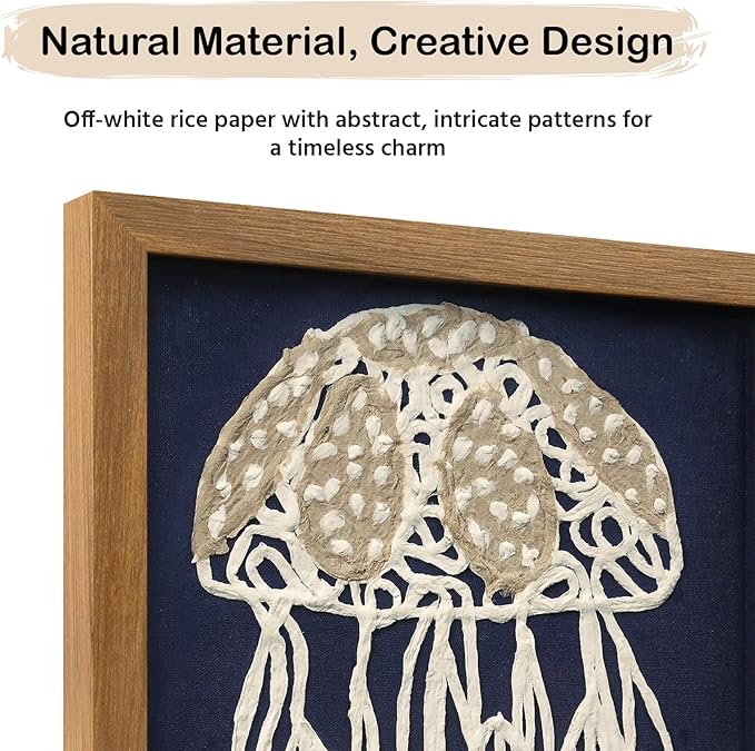 FOLKOR Framed Coastal Wall Art Decor for Living Room Bedroom, 12x16 3D Handmade Rice Paper Jellyfish Wall Hanging Sculpture, Ocean Blue Shadow Box Art for Modern Eclectic Bathroom Dining Room Nursery