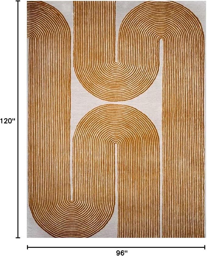 Modern Handmade Wool Area Rug, Abstract Curved Line Geometric Carpet for Living Room Bedroom, Contemporary Tufted Indoor Rug with Soft Pile and Cotton Backing (Gold, 3' x 5')