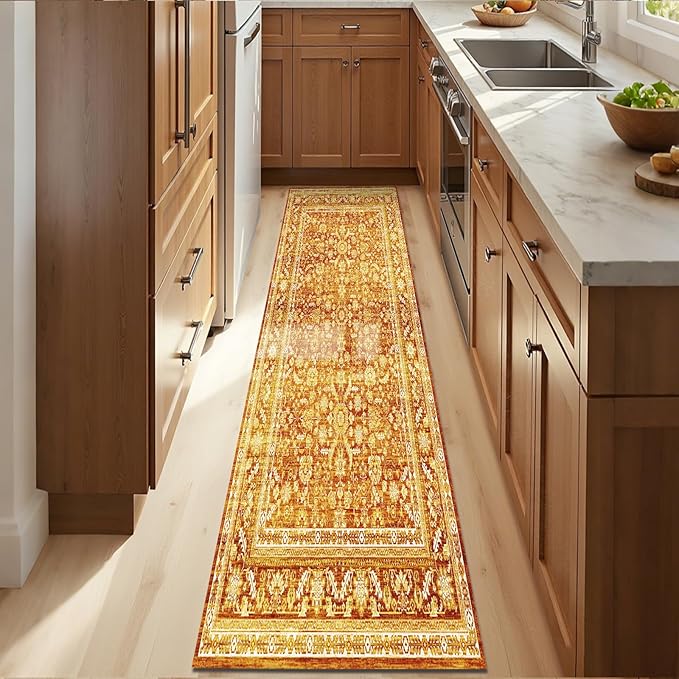 OPPODREAM Vintage Orange 2x10 Runner Rug, 2 x 10 Retro Washable Rug Non Slip, Low-Pile Faux Wool Carpet, Distressed Floor Mat for Kitchen, Hallway, Entry-Way, Entrance, Indoor Back Door