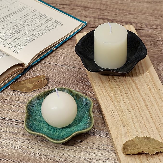 Koythin 2-Piece Ceramic Candle Holder, Aesthetics Candlestick Holders for Tea Lights, Lotus Leaf Shape Candle Stand for Mantle Table, Adorable Vintage Decor for Weddings Dining (Black)