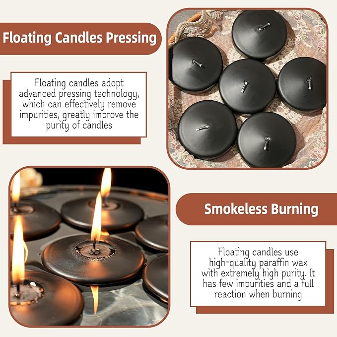 3 inch Floating Candles 36 Packs Black Floating Candles 8-9 Hours Floating Candle for Centerpieces 3” Water Candles for Cylinder Vases, Pool, Wedding, Party