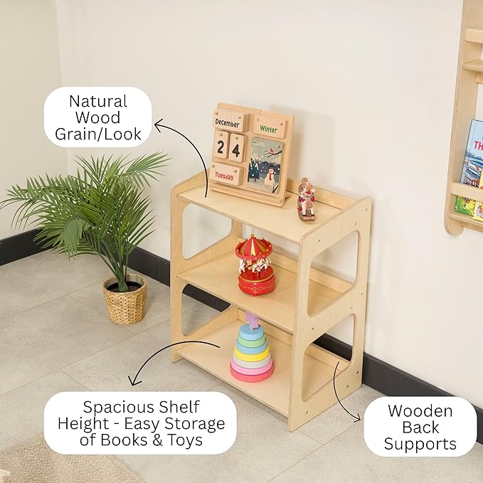 Montessori Bookshelf for Toddlers Solid Wood Toy Storage Shelf Organizer for Playroom and Classroom Floor Bookshelf for Kids Room (Natural, 3-Shelves)