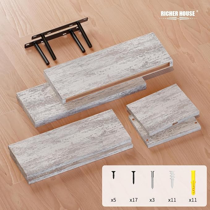 RICHER HOUSE Floating Shelves Set of 3, Farmhouse Bathroom Wall Mounted Shelves with Invisible Brackets Over Toilet, Wall Shelves for Bathroom Bedroom, Living Room, Kitchen - Rustic White