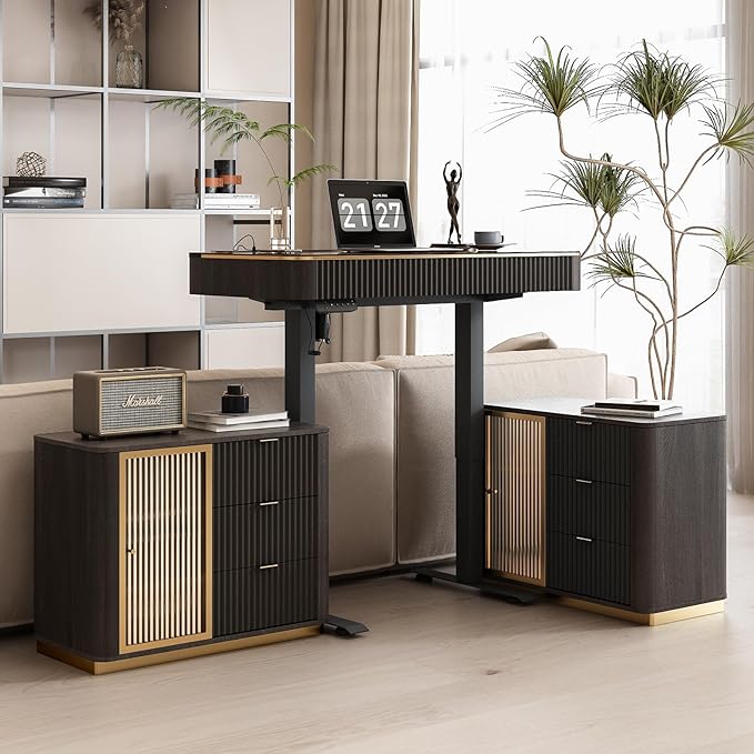 Lartis Office Desk, Electric Standing Desk with Built-in Outlets, Tempered Glass Top Modern Office Computer Desk with 2 Side cabinets (Black Brown, 50)
