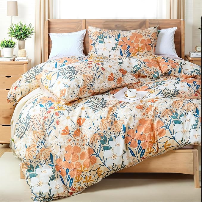 100% Cotton Duvet Cover King Size – Autumn Botanical Floral Duvet Cover Set with Zipper Closure, 3-Piece Soft Breathable Percale Weave Bedding Set for All Seasons