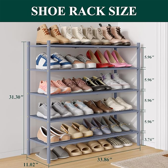 Smiry Long Bamboo Shoe Rack 5-Tier, Stackable Wooden Shoe Organizer for Entryway & Closet, Free Standing Wood Shoe Storage Shelf for Front Door & Small Spaces, Grey