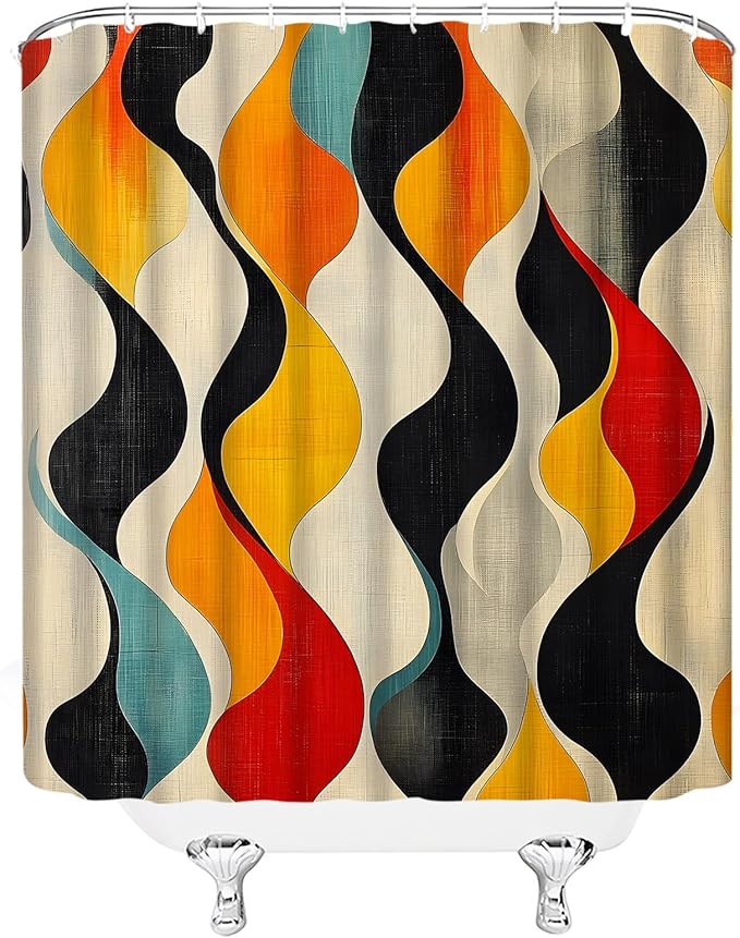 Mid Century Shower Curtain Boho Minimalist Modern Abstract Aesthetic Geometric Striped Atomic Retro Earthy Fabric Bathroom Decor Set with Hooks(70" WX70 H)