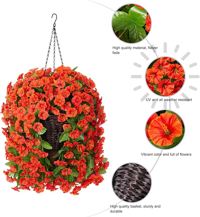 HyeFlora Artificial Fake Hanging Flowers Plants Baskets for Outdoor Decoration, Faux Silk Orange Morning Glory in Planter UV Resistant Look Real for Home Porch Patio Balcony Yard Decor