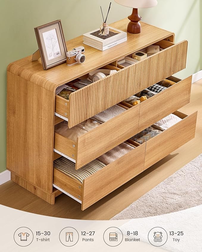 AOGLLATI Mid Century Modern 6 Drawer Dresser for Bedroom, 47" Wide Wood Fluted Double Dressers & Chests of Drawers with Curved Profile Design for Bedroom,Wood