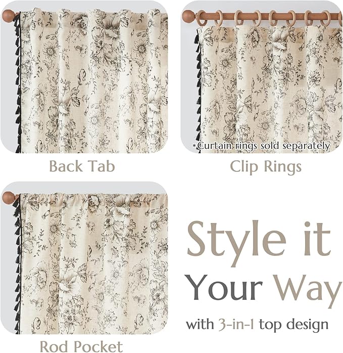 JINCHAN Linen Curtains Floral Curtains Living Room 96 Inch Long Printed Curtains Tassels Rod Pocket Back Tab Farmhouse Rustic Peony Flower Patterned Drapes Bedroom Window Curtain Set 2 Panels Black