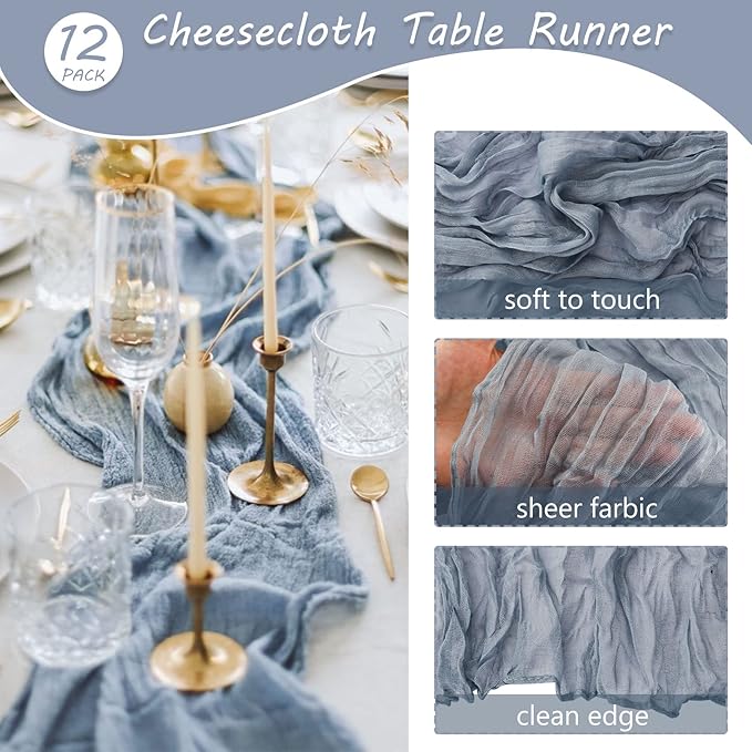 12 Pack 13Ft Cheesecloth Boho Gauze Table Runner - 35x157 Inch Rustic Cheese Cloth Long Table Runner - Dusty Blue