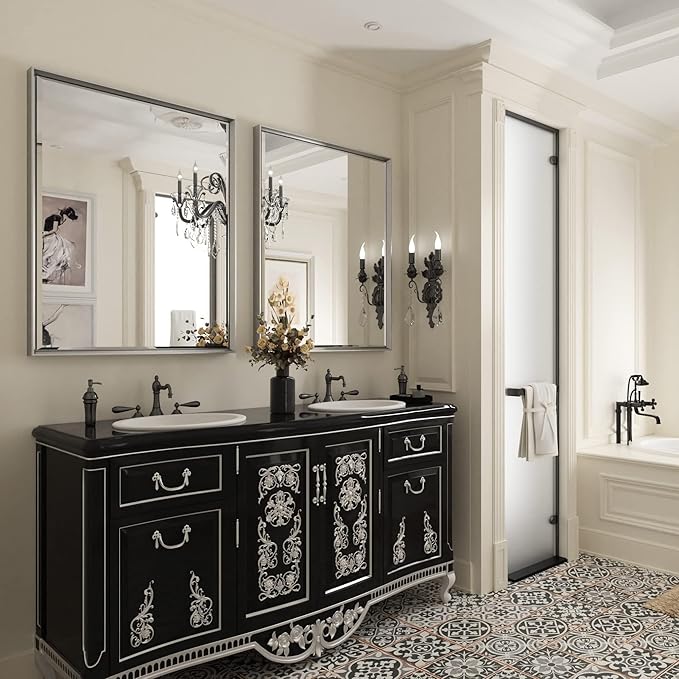 Silver Bathroom Mirror, 30x36 Inch Beveled Silver Vanity Mirror for Bathroom Wall, Silver Metal Framed Mirror Anti-Rust, Silver Rectangle Wall Mounted Mirror for Bathroom(Vertical/Horizontal)