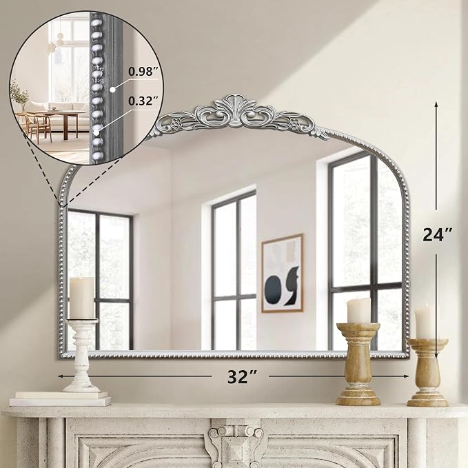 Micasso Vintage Wall Silver Mirror: 32"x24" French Baroque Antique Mirror - Traditional Ornate Decorative Arched for Wall/Bathroom/Entryway/Fireplace/Hallway - Home Decor for Living Room