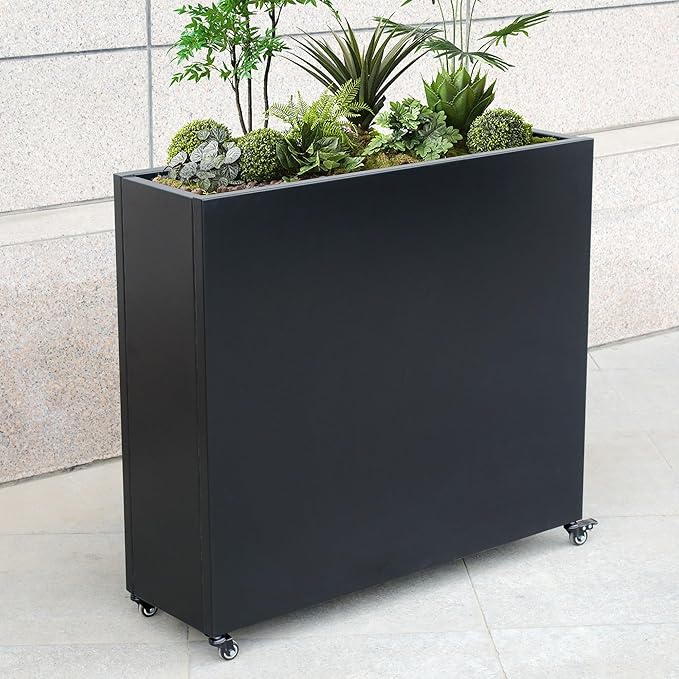 Modern Metal Planter Box with Lockable Wheels – 40” x 36” x 12” – Sleek Indoor/Outdoor Divider for Plants & Flowers – Durable Powder-Coated Steel with Minimalist Design