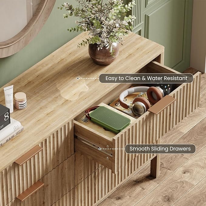 55" Wide Fluted 6 Drawer Dresser for Bedroom, Wooden Dresser Modern Chest of Drawers TV Stand Dressers with Organizer Storage for Bedroom, Living Room, Entryway, Hallway, Oak