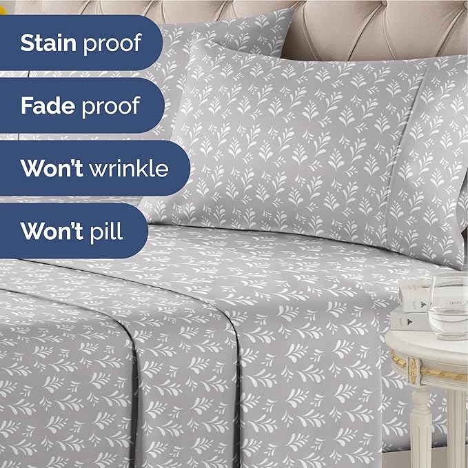 Floral Sheets - Grey & White Bed Sheet Set - 1 Flat, 1 Fitted & 2 Pillowcases w/ Deep Pockets - Comfy, Wrinkle & Fade Free - Boho Botanical Bedding - Ultra-Soft, Breathable & Cooling - King Size Set