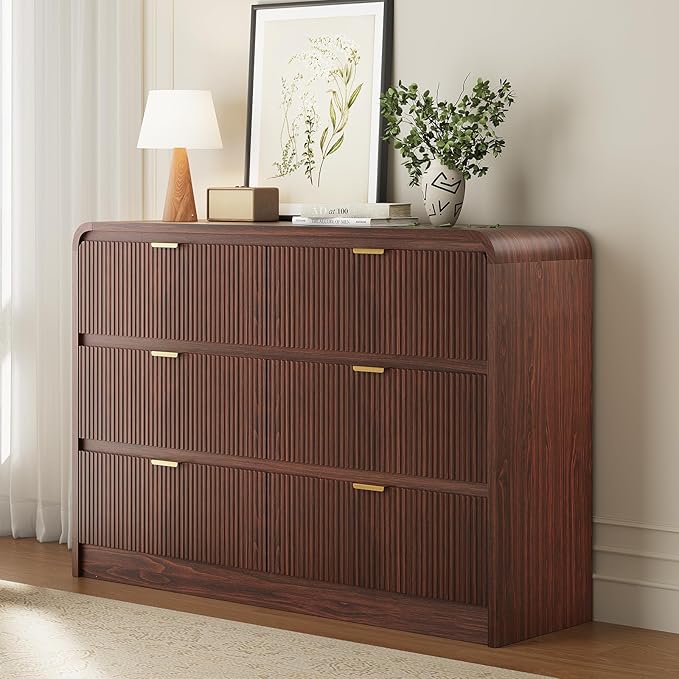FURSUN Fluted 6 Drawers Dresser for Bedroom, 54" Wide Wooden Dresser with Metal Handle, Curved Profile Design, Modern Storage Organizer for Bedroom, Hallway (Walnut)