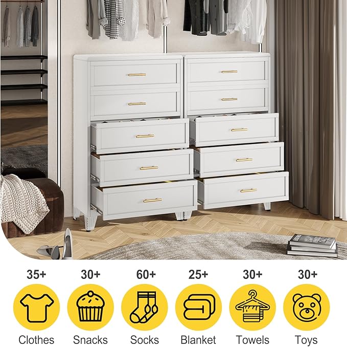 5 Drawers Tall White Dresser for Bedroom, 52.16" Metal Dressers & Chests of Drawers Curved Corner Design, Storage Organizer Drawer Chest with Large Capacity for Living Room, Hallway, Entryway