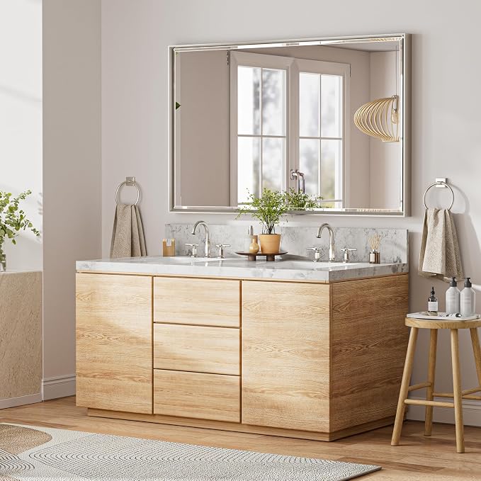 48'' x 30'' Brushed Nickel Framed Beveled Bathroom Mirror, Shatterproof Rectangle Brushed Nickel Frame Mirror, Anti-Rust Vertical/Horizontal Wall-Mounted Mirrors