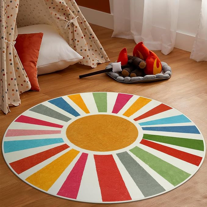 STARUIA Small Round Rug 4 Ft Washable Round Rug for Kids Room, Colorful Sun Circle Rug for Playroom, Non-Slip Circular Office Carpet Soft Rainbow Rug for Bedroom Reading Corner Dorm