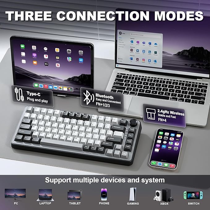 YUNZII B75 PRO Wireless Mechanical Keyboard,75% Layout with Knob,Hot Swap Gasket Structure,Creamy Pre-lubed Switches,RGB Backlit,Bluetooth/Type-C/2.4G for Win/Mac (Dark Grey, Milk Switch)