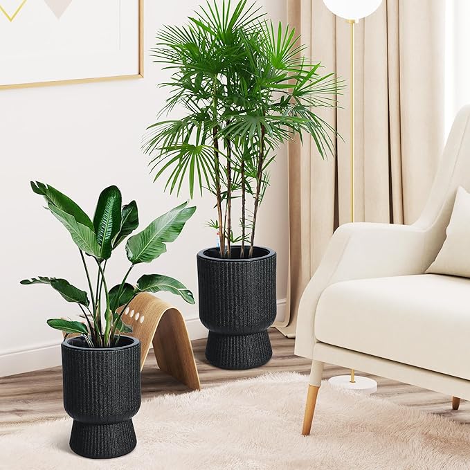 14.2" Tall Planters Set of 2, Plant Pots, Self Watering Pots for Indoor Plants, Flower Pots with Built-in Drainage and a Water Level Monitor, for Patio, Porch, Living Room, or Office, Black