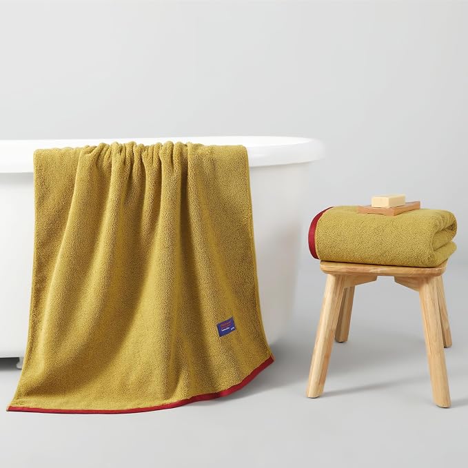 REDKISS 2 Pack Cotton Bath Towels, Soft Absorbent 600 GSM, 27x54 Inch | Quick Dry | Reinforced Stitching | Modern Contrast Border Design | Machine Washable | Bathroom, Gym|Spa & Guest Use | Yellow